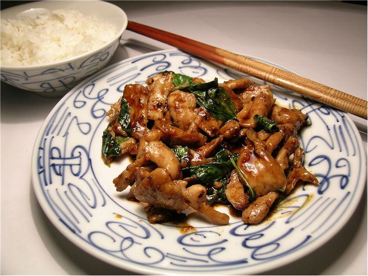Picture Of Chinese Chicken Basil And Steamed Rice